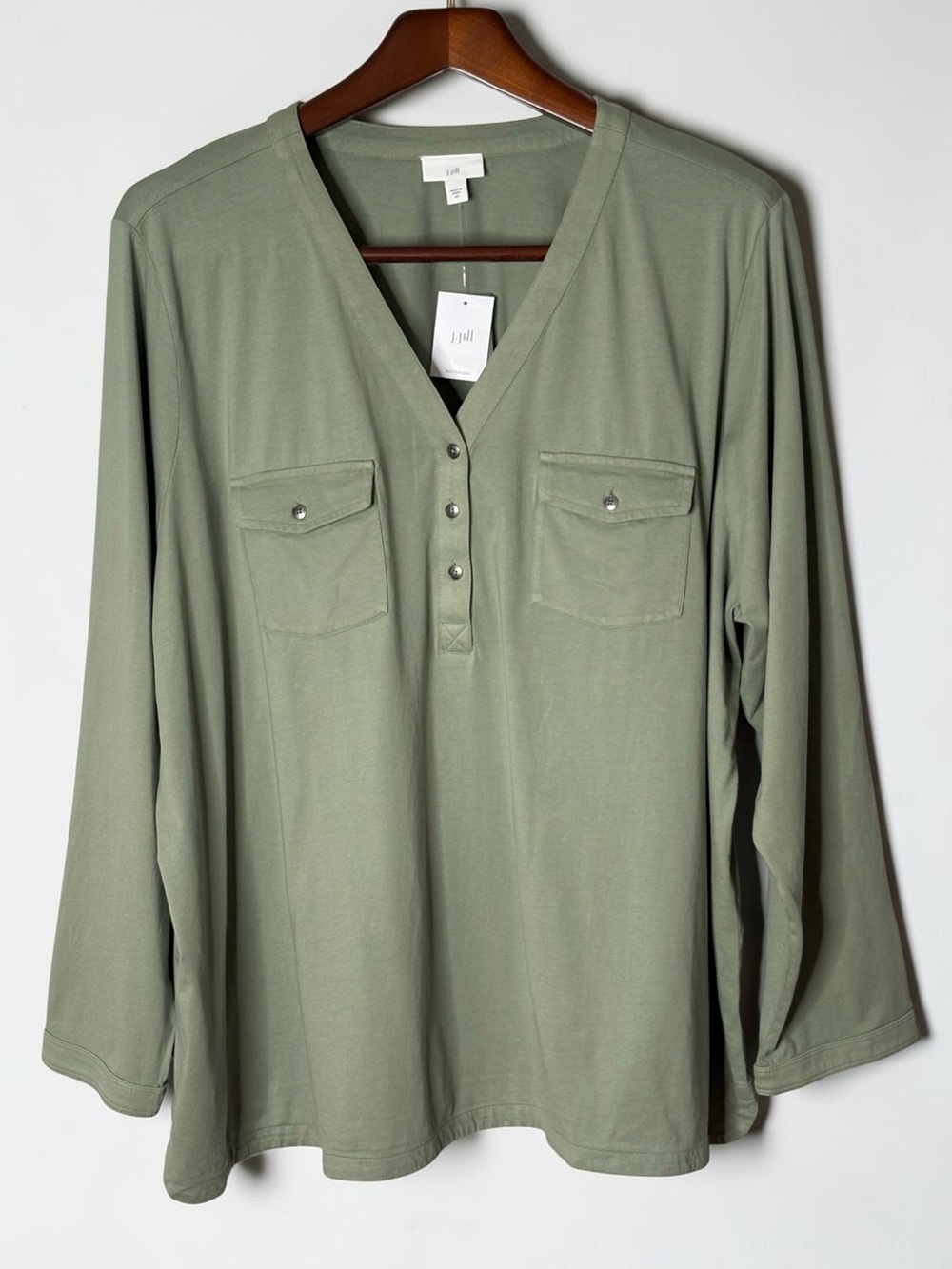 NWT J Jill Tarragon Green Cotton Henley Tunic Blouse 4X